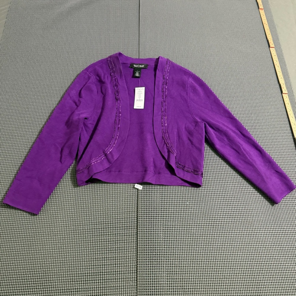 White House Black Market Imperial Purple Chiffon Trim Shrug Size L 570093546